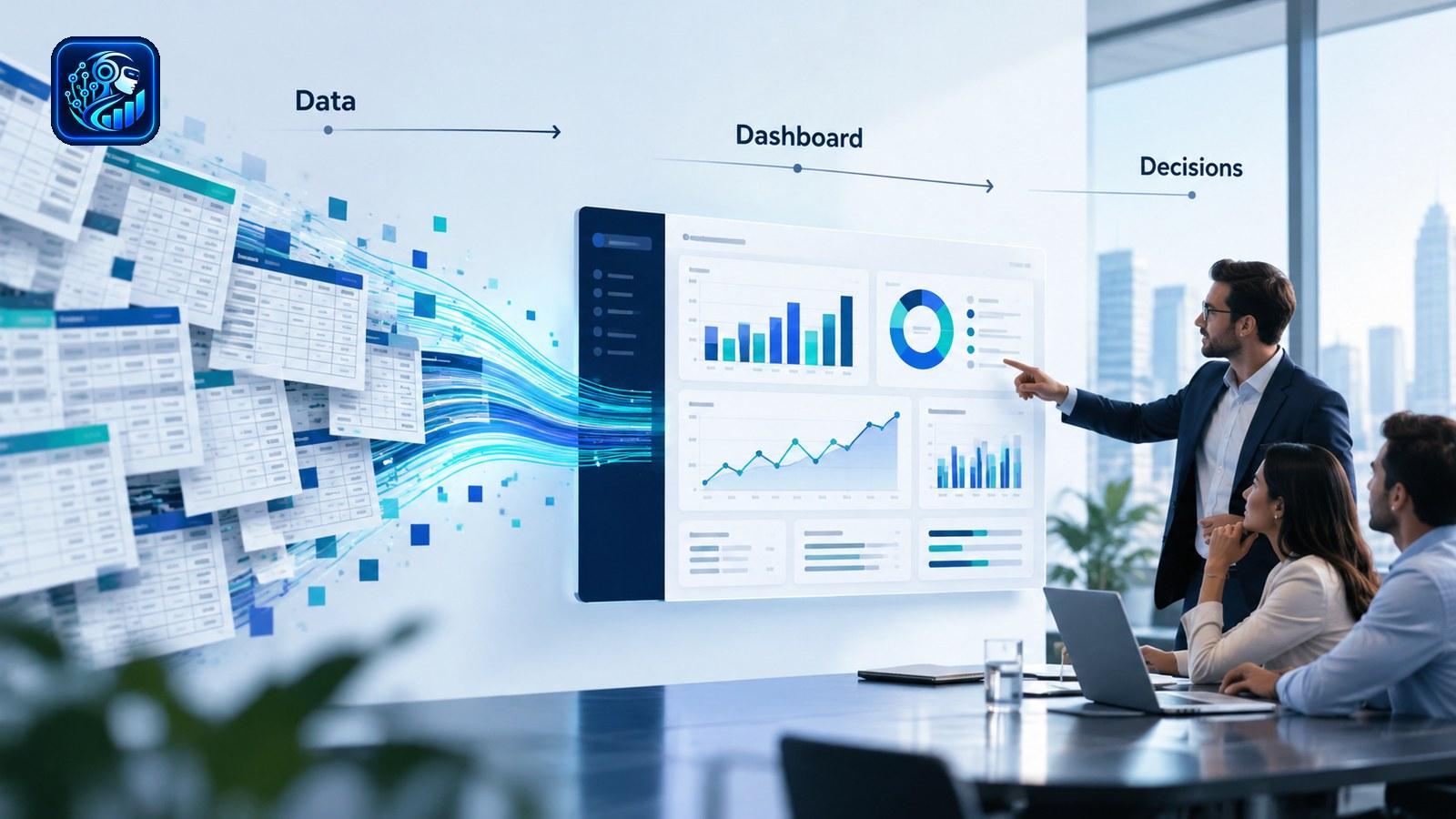 Illustration of the guide's process from data to dashboard to decisions: spreadsheets stream into a business dashboard that a manager presents to colleagues in a meeting room