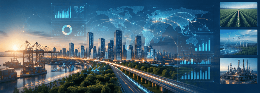 Illustration of a city, port, farmland and energy sites overlaid with data charts