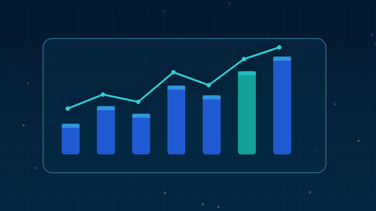 Abstract dashboard panels with bar and trend charts